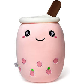 Cute Boba Tea Plush Stuffed Bubble Tea Plushie Cartoon Soft Strawberry Milk Tea  Cup Fruit Pillow Home Hugging Gift for Kids Big Eyes,25CM 