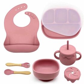 Conjunto de Louça para Bebê, Novo, de Qualidade Alimentar, Tigela de Alimentação para Crianças, Copos, Prato de Sucção e Conjunto de Garfo e Colher, Louça de Silicone para Bebê