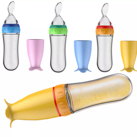 Baby-Fütterer, Mehrfarbige Silikon-Babylöffel, Quetschspender, Babyflasche mit Löffel zur Fütterung