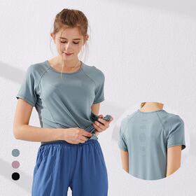 Camiseta deportiva de manga corta para mujer, de secado rápido, lisa, para gimnasio, fitness y yoga