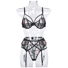 Women's 3 Piece Floral Lace Lingerie Set With Garter Belts Sexy