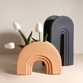 Half Round Ceramic Vase Geometric Stripes Nordic Ceramics Arch Shaped Flower Pot Statue Sculptures Figure Plant Dried Flowerpot
