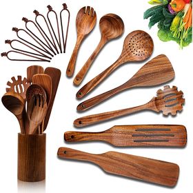 Wood Spoons for Cooking,Nonstick Kitchen Utensil Set,Wooden Spoons Cooking  Utensil Set Non Scratch Natural Teak Wooden Utensils for Cooking(Teak 8