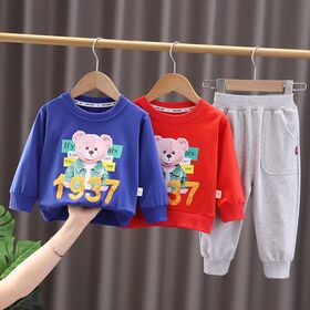 Setelan kasual pakaian anak-anak dua potong lengan panjang, celana hoodie printing beruang kustom pabrikan