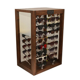 Customizable Acrylic Sunglasses Display Stand with Lockable Showcase for Jewelry & Eyewear Exhibition, Wood Base