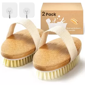 Dry Brushing Body Brush 2 Pack Round Massage Scrub Brush with Natural Boar  Bristles for Exfoliating