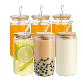 Glass Cups 16oz,4pcs Glass Cups with Lids and Straws,Drinking glasses iced  Coffee cups with Lids,Cute Glass Tumbler with Straw and Lid for Smoothie,  Boba Tea, Whiskey, Water