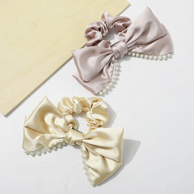 Hair Bow Clips Large Bowknot Hair Ribbons Bows for Women Girls Pearl Satin  Ribbon Handmade Beige Hair Clip Bows Barrettes for Women Hair Accessories