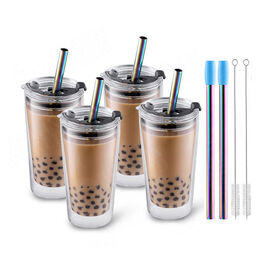 * 12oz clear Smoothie Cup & Lid Plastic Party Milkshake Slush With Bendy  Straws