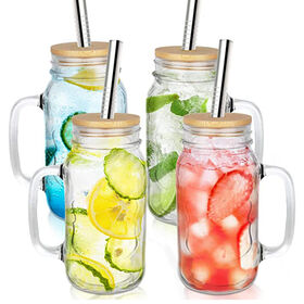 2 packs Mason Jar Cups with Bamboo Lids and Black Stainless Steel Straws 24  OZ Mason Jar Mugs with Handle Regular Mouth Mason Jars Drinking Clear  Glasses Coffee Cups with Lids(Black Straw)