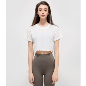 Jacquard Outdoor Sport Kurzarm Lauf Atmungsaktiv Slim Fitness Gym Yoga Wear Crop Top T-Shirts Damen