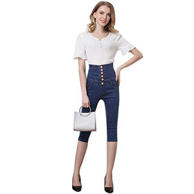 Comprar Nuevos pantalones vaqueros elásticos ajustados de elevación de  cadera de cintura alta de Color sólido para mujer