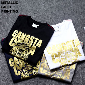 Großhandel Rundhals Einfarbige T-Shirts Benutzerdefinierte Metallic Gold Siebdruck Grafik Logo Vergoldung Plus Size T-Shirt Für Herren