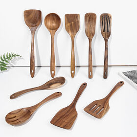 Juego de Utensilios de Cocina de Teca Premium OEM - 3PCS Espátula de Madera, Cuchara para Ensalada de Mango Largo, Utensilios para Saltear, Utensilios de Cocina Duraderos