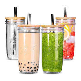 2 Pack Mason Jar Smoothie Cups with Bamboo Lids and Straws 24 oz Mason Jars  Wide Mouth Mason Reusable Drinking Glasses Cups Water Cup Glass Tumbler for  Juice Coffee Milkshake (Set of