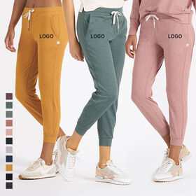 Pantalons de jogging recyclés pour femmes avec poches latérales, pantalons de sport avec logo personnalisé imprimé, polyester spandex, pantalons de survêtement à haute élasticité