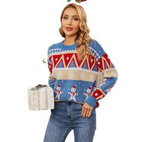 Haut Femme Noël En Peluche - Imprimé Bonhomme De Neige Et Flocons - Col V Manches Longues - Pour Dîner De Noël Et Fêtes - 7