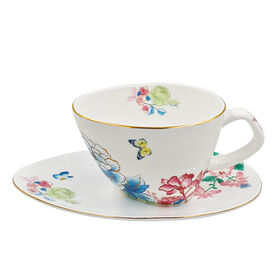 Set de 2 Tasses à Café Triangulaires SMF et Sous-Tasses en Porcelaine Fine avec Motif Floral dans une Boîte Cadeau Magique DIY