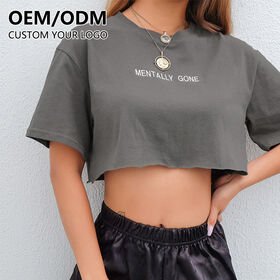 T-shirt ras du cou de haute qualité en gros, Crop Top imprimé personnalisé pour femmes, T-shirt court uni pour dames