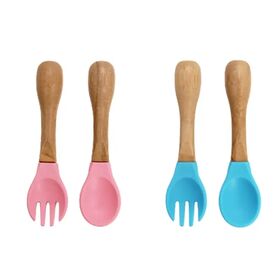 Buy Wholesale China Organic Small Baby Feeding Bamboo Handle Silicone Kids  Wooden Spoon And Fork Set & Baby Feeding Spoon at USD 1.23