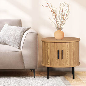 Moderner runder Nachttisch aus Holz mit Regalen und Schiebetür, Schlafzimmer-Nachtschrank, Beistelltisch mit Metallbeinen für Wohnzimmer
