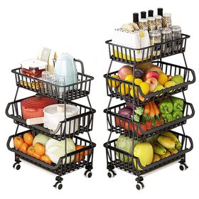 Cestas de Almacenamiento Apilables de 4 Niveles con Ruedas Universales Bloqueables, Organizador Metálico para Frutas, Verduras y Productos
