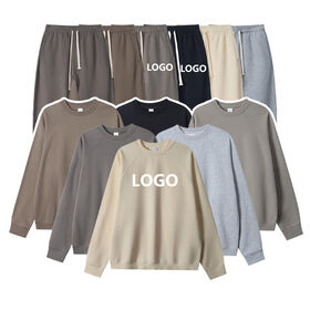 Setelan Training Fleece Katun Berkualitas Tinggi Unisex Leher Crew, Kaos 2 potong, Setelan Jogging Leher Crew