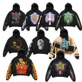 Sweat à Capuche Personnalisé sans Cordon, Impression Crâne 3D, Délavage Acide, Sweats à Capuche Oversize pour Hommes en Gros