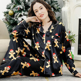 Women Girls Cute Valentine Elk Soft Satin Silk Pajamas PJS Xmas Sleepwear  Set US