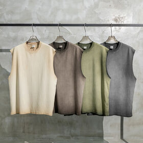 Custom Oversized 360G Cotton+Polyester Waffle Washed Raw Edge Streetwear Tank Top For Men
