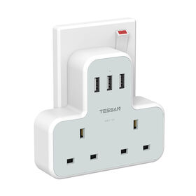 TESSAN Extensão de Tomada 5 em 1 com 2 Tomadas CA + 3 Portas USB Para Casa, Escritório - Fornecedor Verificado