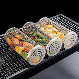 Outdoor Rolling Grilling Bbq Basket, Stainless Steel Leakproof