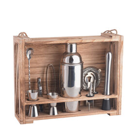 Ensemble d'outils de bar professionnels en gros de 11 pièces avec boîte en bois, outils de bar, shaker à cocktail en acier inoxydable de 700 ml, kit de barman de mixologie
