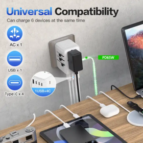 Chargeur rapide GaN PD 65W de haute qualité en gros, adaptateur d'alimentation universel de voyage pour téléphones mobiles, chargeur mural tout-en-un