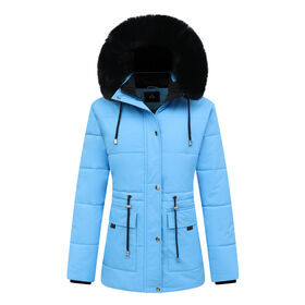 Casaco de esqui feminino personalizado, impermeável, estilo longo, casaco de neve com penugem, pele e capuz removível com cordão - Mais Vendidos
