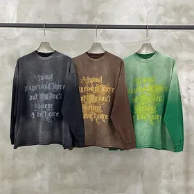 T-shirts Graphiques Homme Vintage, T-shirt Coton Streetwear Oversize Personnalisé Délavage Acide T-shirts Manches Longues Homme