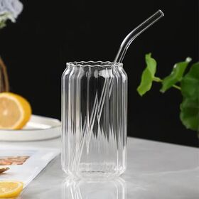 20 Oz Drinking Glasses with Bamboo Lids and Glass Straw - 6 Pcs Can Shaped  Glass Cups