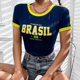 T-shirt court d'été pour femmes, décontracté, en coton et spandex, col rond, coupe ajustée, manches raglan, bordure contrastée, style ringer, vente chaude