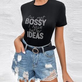 Fournisseur en gros de T-shirts pour femmes, coupe slim, doux, en coton et spandex de haute qualité, personnalisés, avec strass en diamant et col rond