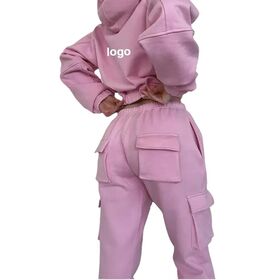 OEM Logo Bordir Kustom Wanita Setelan Celana Cargo Dua Potong dan Hoodie Fleece Wanita Jogger dengan Multi Saku