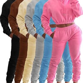 Grosir Setelan Trening Wanita 2 Potong Tumpuk Musim Dingin Crop Fleece Katun, Desainer Kustom, Mode, Pullover Polos