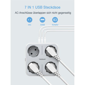 Tessan EU Power Socket, Multi-Socket with 4 Compartments and 3 USB, 7-in-1 Multiple Plug with Switch, Distribution Socket
