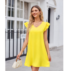 Wholesale Women's Solid V Neck Ruffle Trim Cap Sleeve Summer Tunic Dress