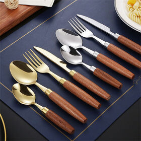 Coffee dessert spoon Beech wood handle flatware set stainless steel steak knife fork spoon