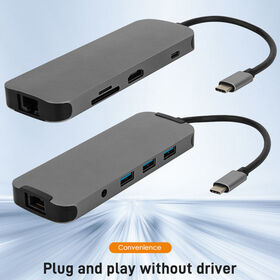 OEM ODM Station d'accueil multiport USB Hub 9 en 1 USB C avec HDMI 4K, Ethernet, audio 3,5 mm, lecteur de carte SD/Mini SD, USB 3.0, PD 100W