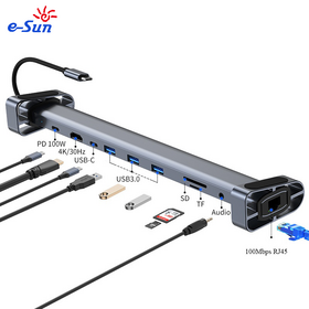 Grosir Hub USB C 10-in-1 Multiport Adapter dengan Pengisian PD, USB 3.0, HDMI 4K@30Hz, RJ45 100M, SD/TF USB-C, Audio, untuk Laptop