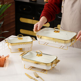 11-inch Rectangular Gold Ceramic Baking Dish Serving Pot with Rack for Soup and Food Warming