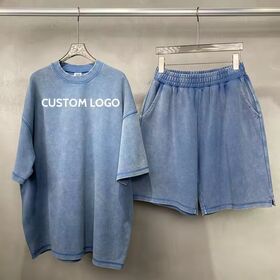 Ensemble 2 pièces pour homme : T-shirt à manches courtes et short en 100% coton avec logo graphique brodé personnalisé, style sport décontracté vintage délavé et usé