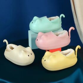 Factory Price!Adorable cat-shaped slippers with 3D ears & curly tail.Waterproof EVA shell blocks spills & splashes