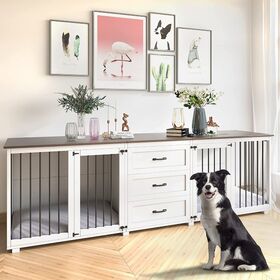 Proveedor de Muebles de Madera para Mascotas, Casa de Madera para Mascotas, Mueble Jaula para 2 Mascotas, Jaula para Perros con Mesa Consola y Cajones